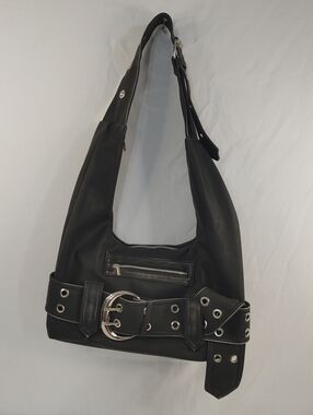 Black Distressed Faux Leather Belt Buckle Shoulder Bag Y2K Grommet Punk Hobo Bag